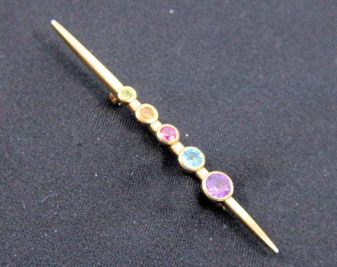 Estate 14K Yellow Gold Multi-Gemstone Bar Brooch Pin 5.92 Grams Amethyst Blue Topaz Pink Tourmaline Citrine Peridot Holiday Gift
