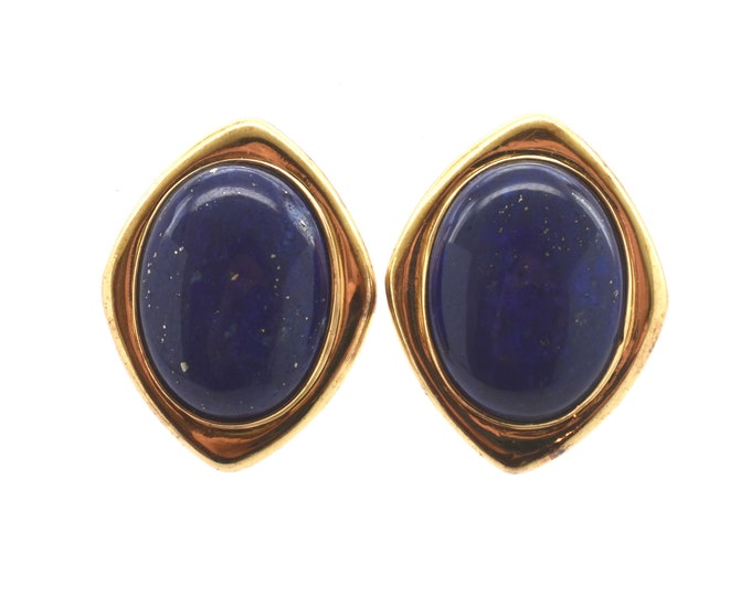 Estate 14K Solid Yellow Gold Natural Lapis Lazuli Earrings Vintage Clip On Pair Over 22 Carats Total Weight December Birthstone Gift