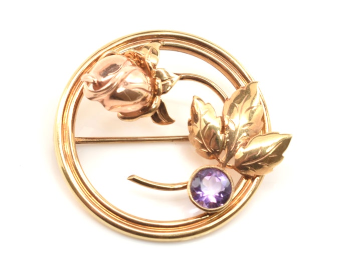 Estate Amethyst Brooch Vintage 14K Solid Yellow Gold Natural Amethyst Circle Pin 6 Carats Total February Birthstone Holiday Gift
