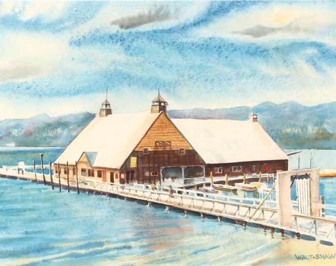 Framed Original Watercolor Waterscape with Marina by Walt Shaw