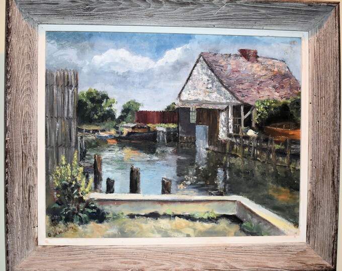 Vintage Oil on Canvas American School Painting of a Boathouse Signed Driftwood Style Frame Holiday Gift