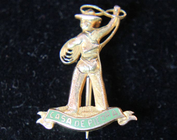 Estate 14K Yellow Gold Casa de Piedra Cowboy Lariat Lapel Hat Pin 2.35 Grams Signed Shreve & Co. Holiday Gift