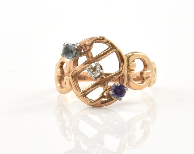 Estate Gemstone Ring Vintage 14K Solid Yellow Gold Natural Aquamarine Diamond Blue Topaz Size 6.25 Holiday Gift