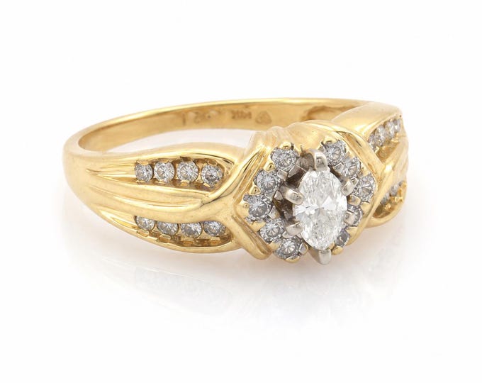 Vintage Marquise Diamond Halo Ring 14K Yellow Gold Estate Bridal Size 6.5