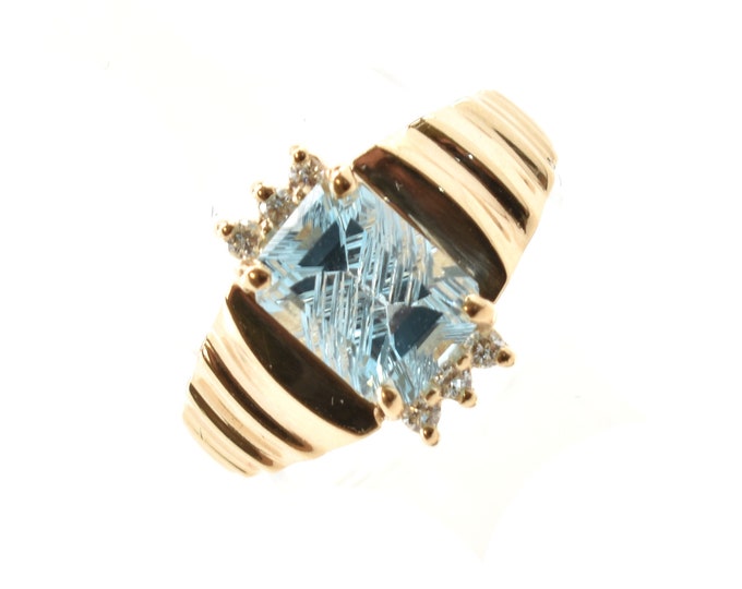 Estate Gemstone Ring Vintage 14K Solid Yellow Gold Natural Diamonds Blue Topaz 1.88 Carats Total Size 5 December Birthstone Holiday Gift