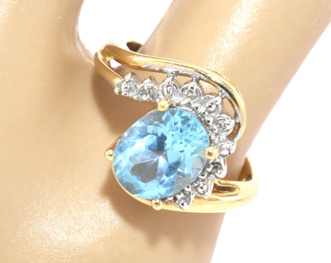 Estate Blue Topaz Ring Vintage 14K Solid Yellow Gold Natural Diamonds 1.79 Carats Total Weight December Birthstone Size 6 Holiday Gift
