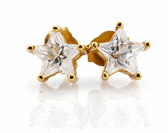 Vintage 14K Gold Star CZ Stud Earrings, April Birthstone