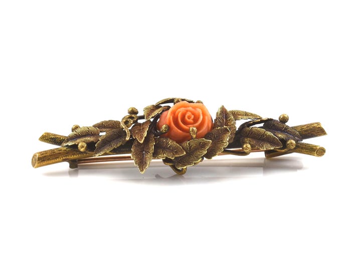 18K Solid Yellow Gold Natural Coral Brooch Carved Rose Pin Nearly 10 Grams Holiday Gift