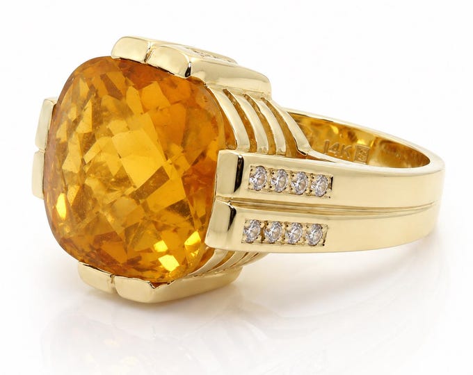 Vintage 14K Gold 10 Carat Citrine Diamond Cocktail Ring Statement Estate Size 5.25