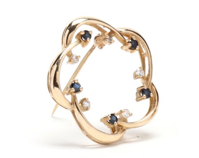 Estate Gemstone Brooch Vintage 14K Solid Yellow Gold Natural Diamonds Sapphires Wreath Pin September Birthstone Holiday Gift