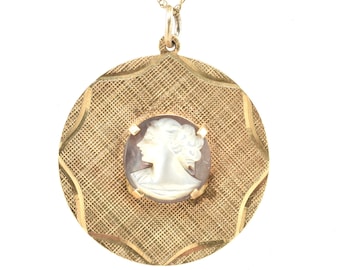 Vintage 14K Yellow Gold Cameo Charm Pendant, Carved Female Profile