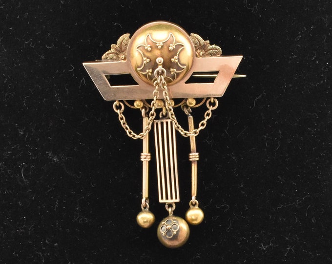 14K Solid Yellow Gold Brooch Pin Bars Dome Dangle Chains Balls Antique Estate Over 7 Grams Men Women Unisex Father's Day