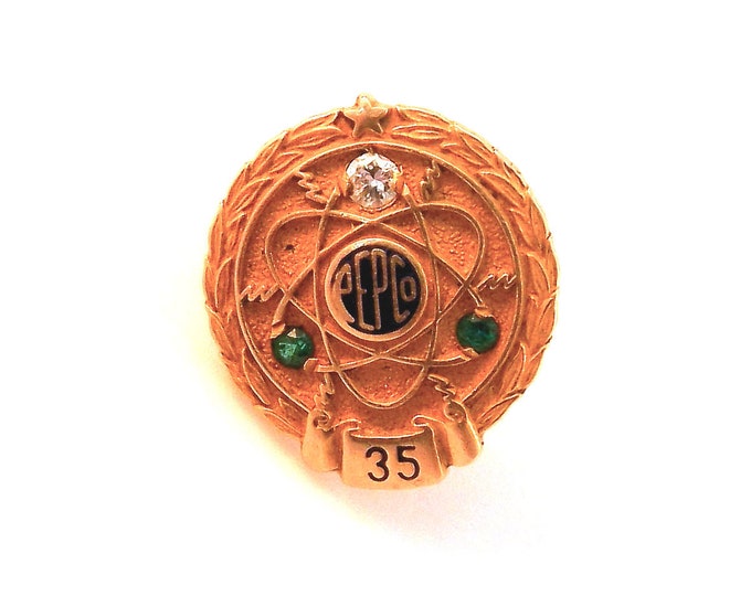 14K Solid Yellow Gold Natural Diamond Emeralds Lapel Pin PEPCO 35 Years Service Potomac Rare Vintage Estate Atomic Over 2 Grams Gift