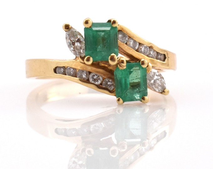 Reserved for Gerald: 14K Solid Yellow Gold Natural Emeralds Diamonds Ring May Birthstone 1 Carat Total Weight Size 5.75 Signed MRB Gift