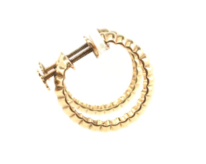 Estate Gold Earrings Vintage 14K Solid Yellow Gold Ribbed Screw-Back Non-Pierced Hoops Holiday Gift
