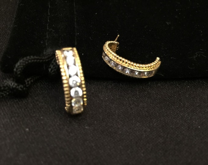 Estate Diamonique Earrings Vintage 14K Solid Yellow Gold Diamonique Cubic Zirconia Half Hoop Post Studs Over 2 Carats Total Holiday Gift