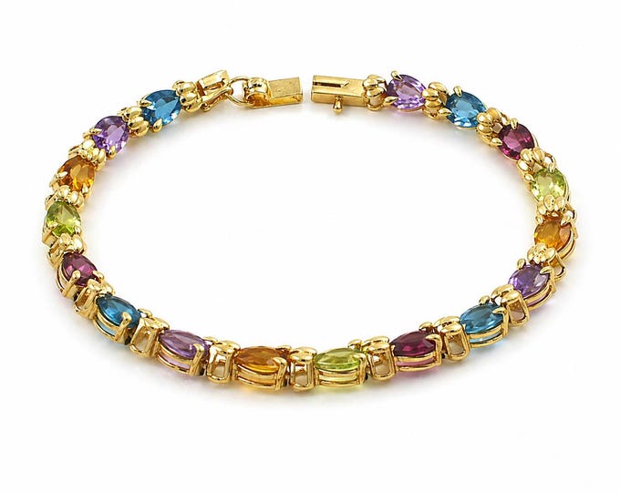 Estate Gemstone Bracelet Vintage 14K Solid Yellow Gold Natural Garnets Amethysts Peridot Citrines Blue Topaz Nearly 7 Inches Long Mom Gift