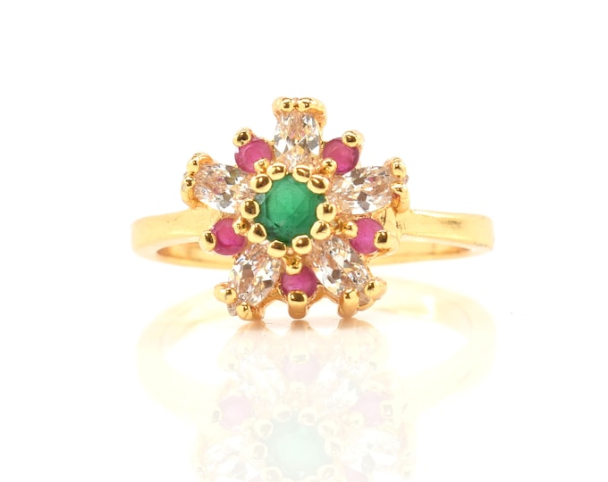 Estate Gemstone Ring 14K Solid Yellow Gold Rubies Emerald Cubic Zirconia Size 7.5 Holiday Gift