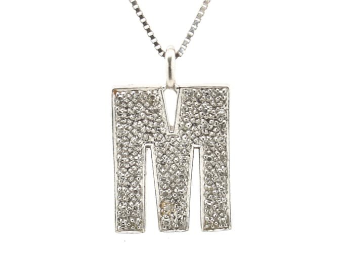 Estate Diamond Pendant Vintage 14K Solid White Gold Natural Diamonds Letter M Monogram Initial Charm .3 Carats Total Weight  Holiday Gift