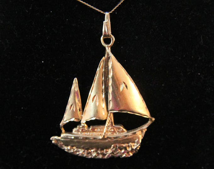 Estate Sailboat Pendant Vintage 14K Solid Yellow Gold Heavy Charm Sails Sail Boat Ship Yawl Ketch Holiday Gift