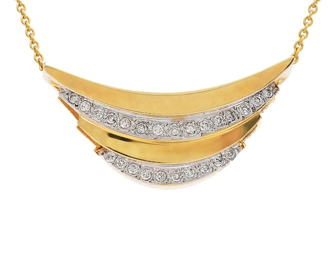 Estate Diamond Pendant Vintage 14K Solid Yellow and White Gold Natural Diamonds Crescent Slide Holiday Gift