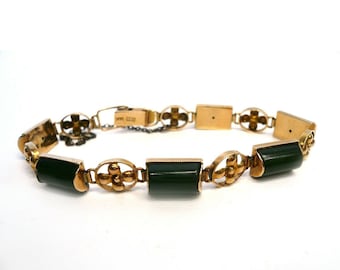 Vintage 14K Gold Nephrite Jade Bracelet, 7 Inches