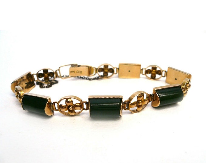 Vintage 14K Gold Nephrite Jade Bracelet, 7 Inches