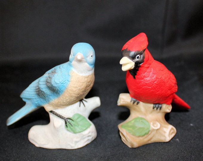 Vintage Pair of Hand Painted Bisque Porcelain Birds Cardinal and Bluebird Made in Malaysia Holiday Gift