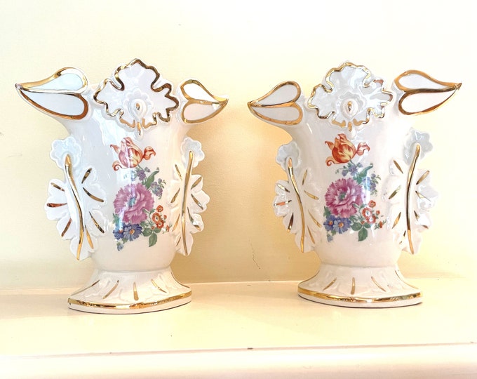Antique Mantel Vases Vintage Pair Vases Made In Belgium White with Flowers and Gold Trim 25344 Holiday Gift