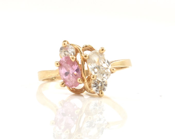 Estate Gold Ring 14K Solid Yellow Gold Cubic Zirconia Size 6.5 Pink Blue White Stones 1.36 Carats Total Weight Holiday Gift
