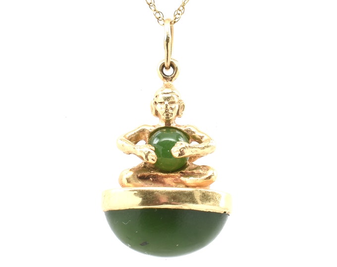 Estate Jade Pendant Vintage 14K Solid Yellow Gold Natural Nephrite Jade Charm Two-Faced Diety Agni Holiday Gift