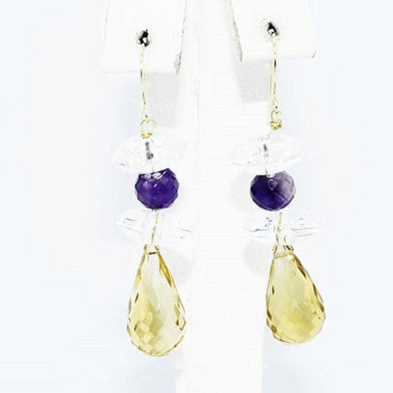 Estate Pair 14K Yellow Gold Citrine Amethyst White Topaz Drop Dangle Earrings 28 Carats Total Weight 5.78 Grams Wedding