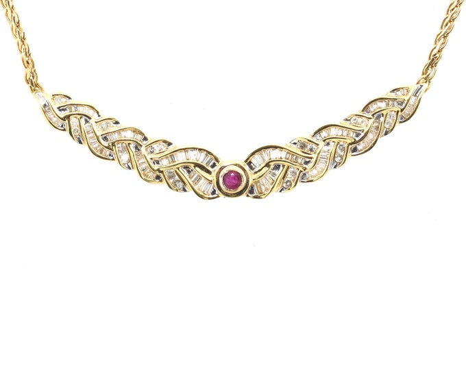 Estate Ruby Diamonds Necklace Vintage 14K Solid Yellow Gold Natural Diamonds Ruby Bib 4.1 Carats Total Weight 19 Inches Long Holiday Gift