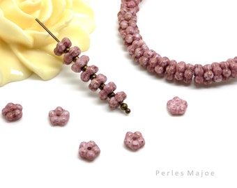 Perles tchèques daisy, fleur, rondelle, en verre pressé, tons violet, blanc, patine, diamètre 6 mm, lot de 30