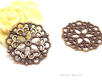 connecteurs, estampes, ronds, décorés, filigranes, couleur cuivre, diamètre 29 mm, vendus par lot de 2 ou 4