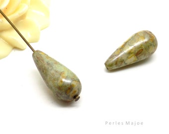 perle goutte en verre tchèque, pressé, opaque, divers tons vert, marron, écru,  20 x 9 mm lot de 4