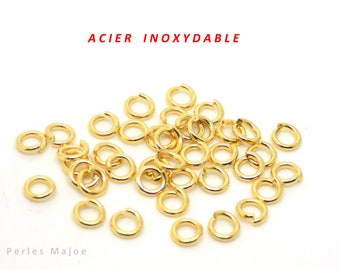 Gold-plated stainless steel open jump rings, 4 mm diameter, pack of 50