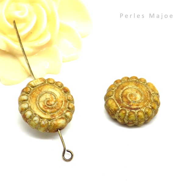 Perles tchèques spirales, tons ivoire, beige, patine or antique, verre picasso, 16 mm, lot de 2