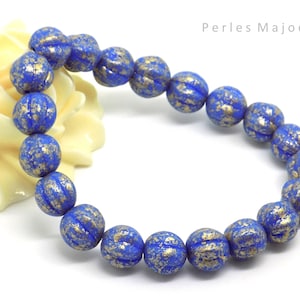Perles tchèques melons, rondes, verre bohême, opaque, bleu, goutte or, diamètre 8 mm, lot de 10