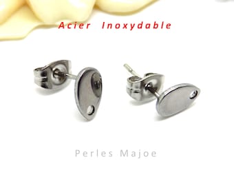 4 supports boucle d'oreilles puces forme ovale en acier inoxydable dimensions 8 x 5 mm