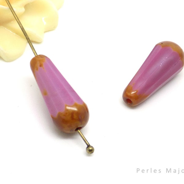 Perle tchèque goutte, verre poli au feu, opaque, tons rose, , marron clair, 20 x 9 mm, lot de 4