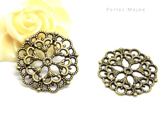 connecteurs, estampes filigranes, ronds, décorés, couleur bronze antique diamètre 29 mm, vendus par lot de 2 ou 4