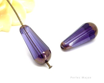 Perle tchèque goutte, verre poli au feu, translucide, violet, patine cuivrée, 20 x 9 mm, lot de 4