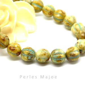 Perles tchèques melons picasso rondes en verre écru bleu marron patine bronze lot de 10 unités