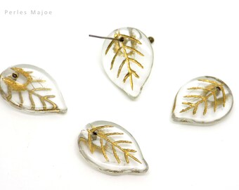 Perle tchèque feuille, pétale, verre pressé, transparent, patine bronze antique, 18 x 13 mm, lot de 4