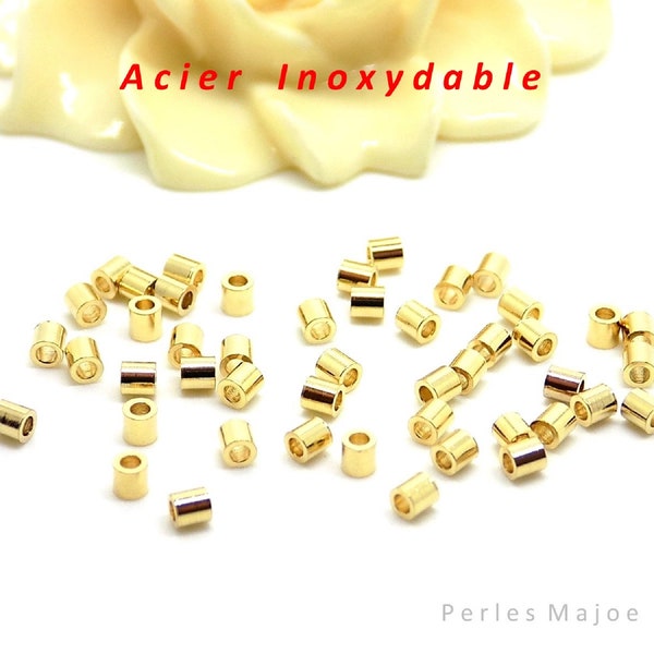 50 perles intercalaires colonnes en acier inoxydable couleur or dimensions 2 x 2 mm