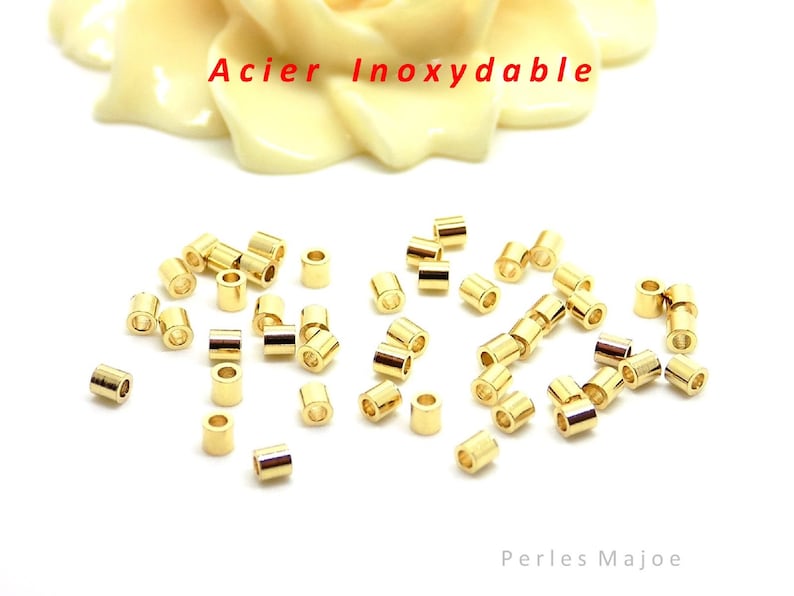 50 perles intercalaires colonnes en acier inoxydable couleur or dimensions 2 x 2 mm image 1