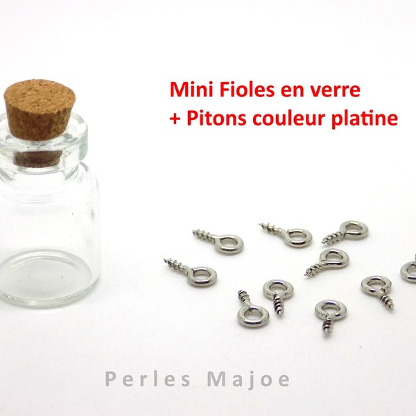 5 x fioles en verre avec bouchons en liège et pitons en acier dimensions 22 x 15 mm