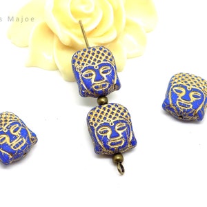 Perle tête bouddha en verre tchèque, bleue, patine dorée, 14 x 12 mm, lot de 4