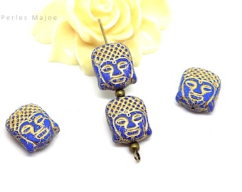 Testa di Buddha perla in vetro ceco, blu, patina dorata, 14 x 12 mm, set di 4